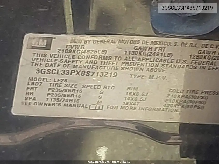 2008 Saturn Vue Xe VIN: 3GSCL33PX8S713219 Lot: 45108554
