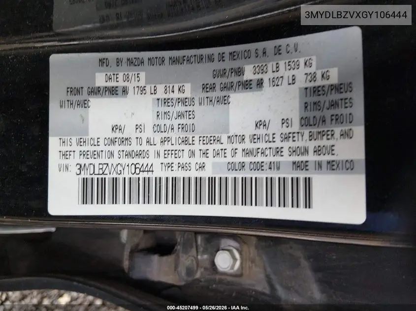 2016 Scion Ia VIN: 3MYDLBZVXGY106444 Lot: 45207499