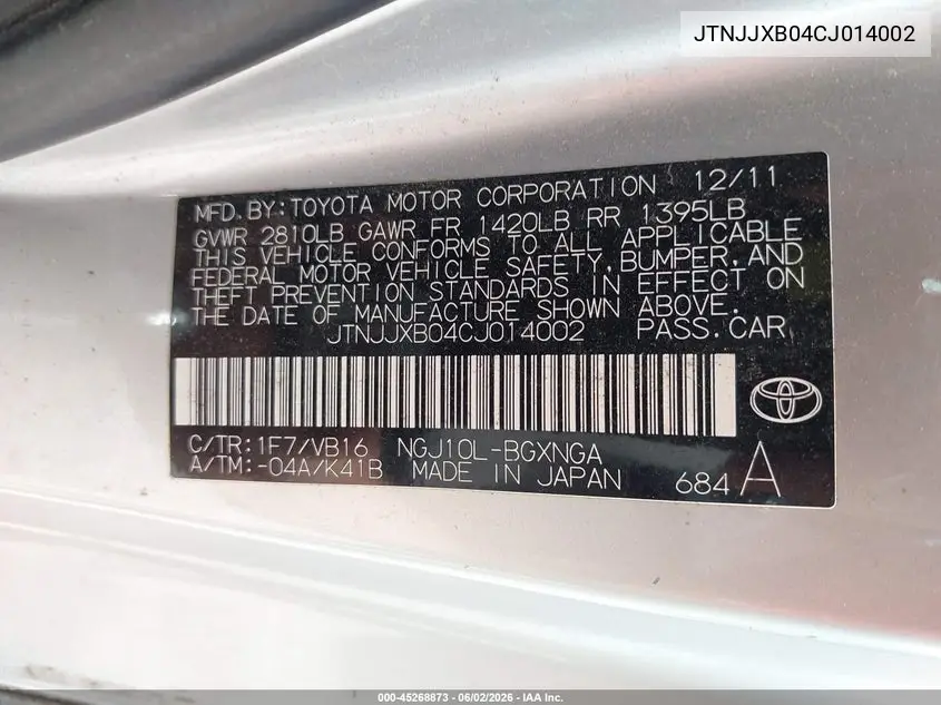 2012 Scion Iq VIN: JTNJJXB04CJ014002 Lot: 45268873