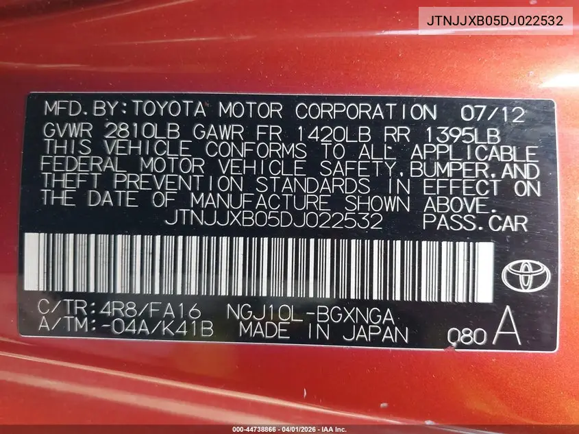 2013 Scion Iq VIN: JTNJJXB05DJ022532 Lot: 44738866
