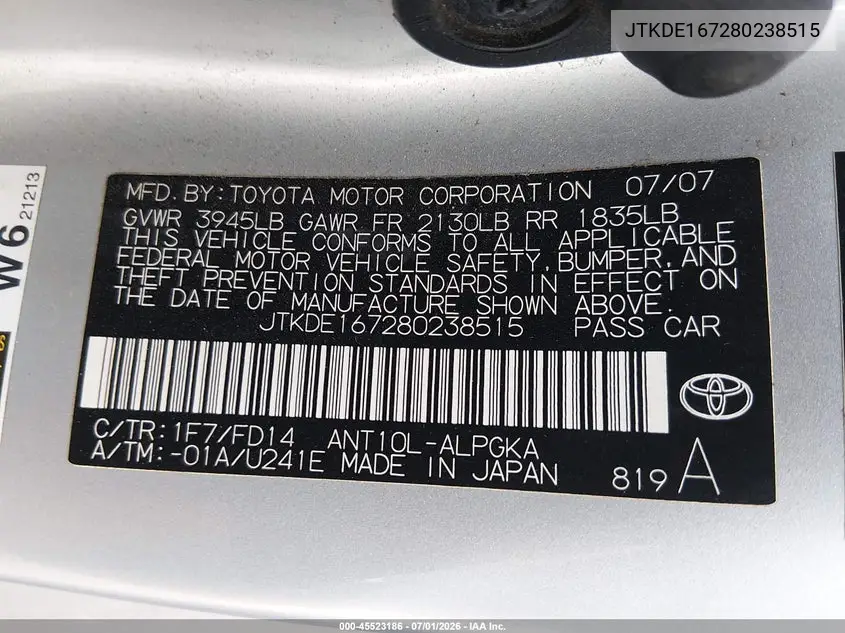 2008 Scion Tc VIN: JTKDE167280238515 Lot: 45523186
