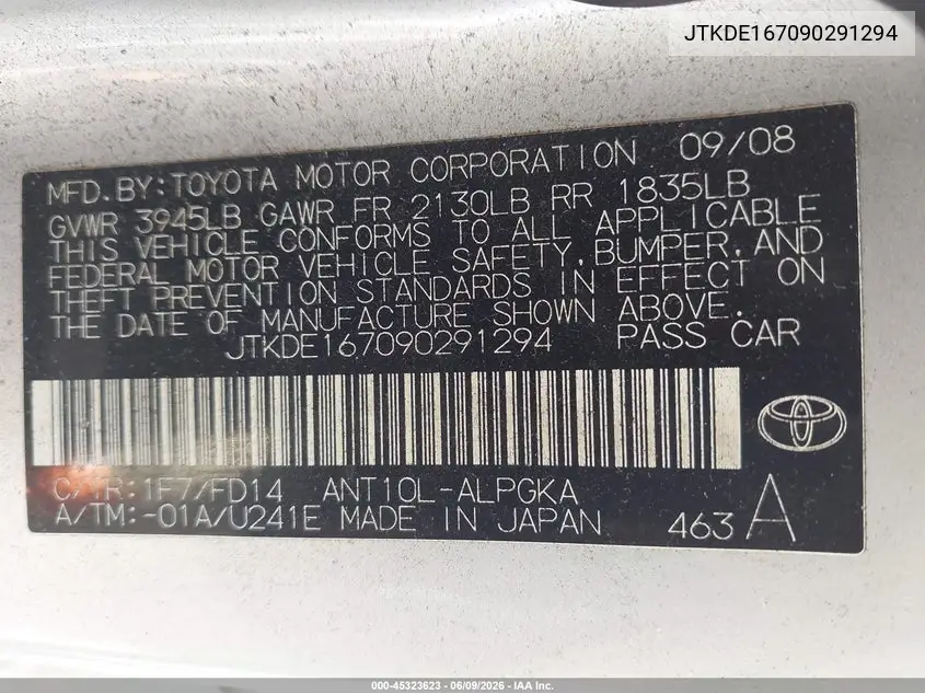 2009 Scion Tc VIN: JTKDE167090291294 Lot: 45323623