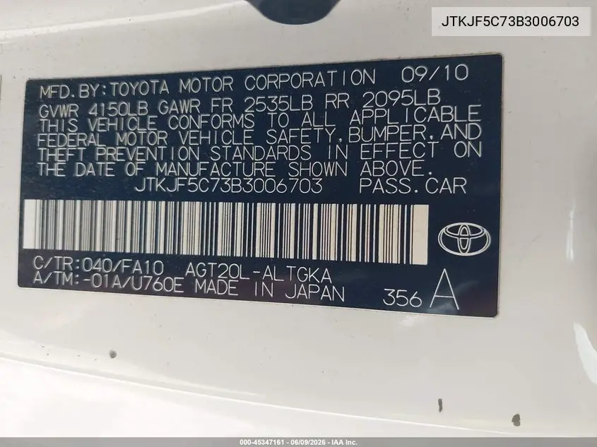 2011 Scion Tc VIN: JTKJF5C73B3006703 Lot: 45347161