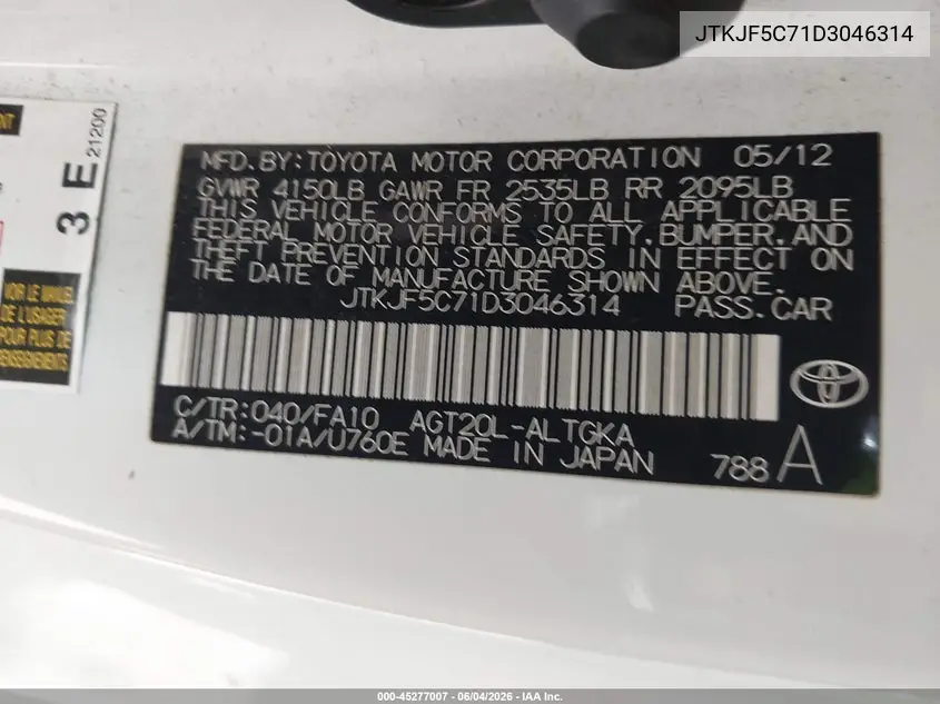 2013 Scion Tc VIN: JTKJF5C71D3046314 Lot: 45277007