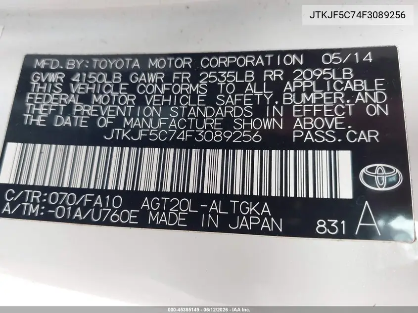 2015 Scion Tc VIN: JTKJF5C74F3089256 Lot: 45385149