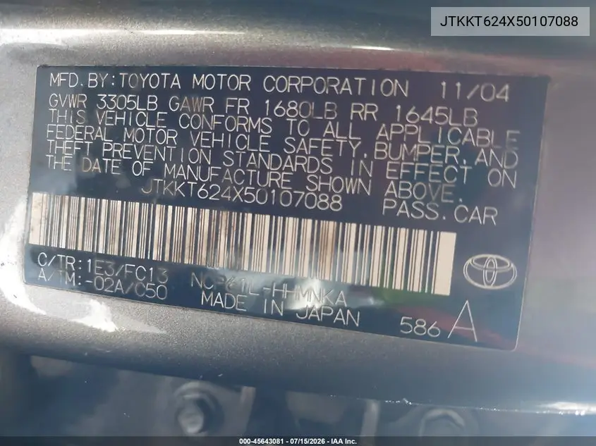2005 Scion Xa VIN: JTKKT624X50107088 Lot: 45643081