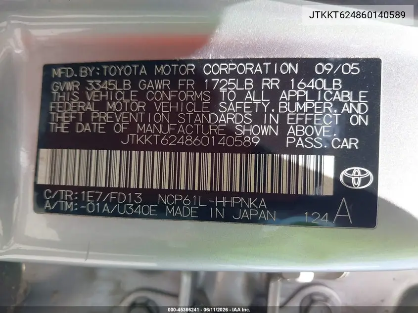 2006 Scion Xa VIN: JTKKT624860140589 Lot: 45366241