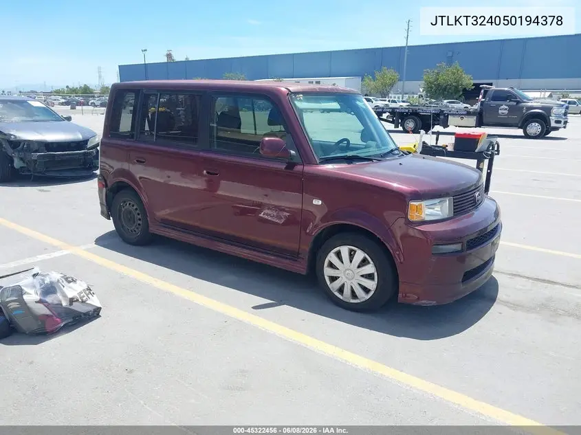 2005 Scion Xb VIN: JTLKT324050194378 Lot: 45322456