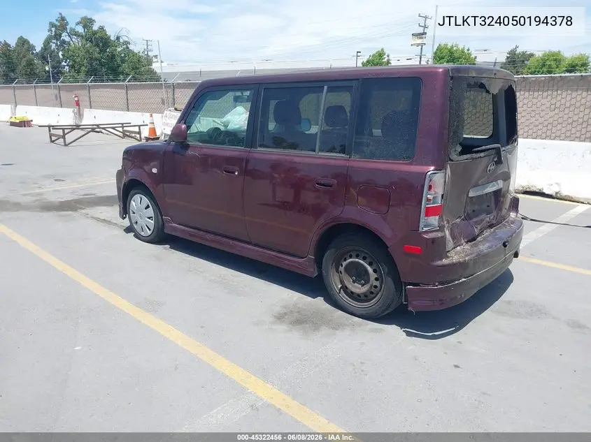 2005 Scion Xb VIN: JTLKT324050194378 Lot: 45322456