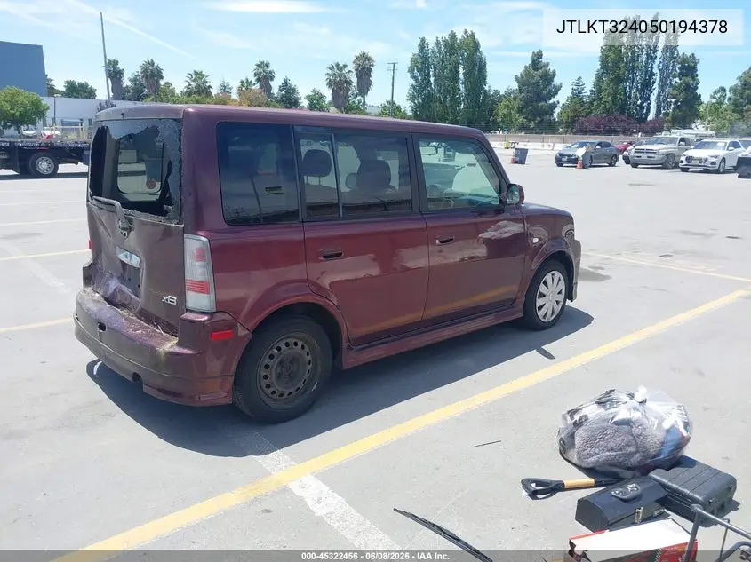 2005 Scion Xb VIN: JTLKT324050194378 Lot: 45322456