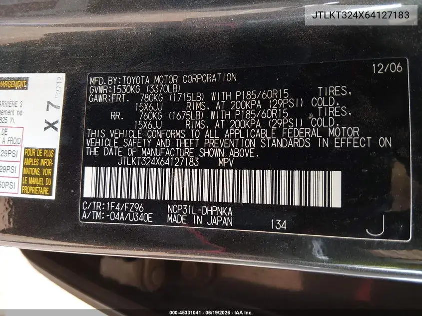 2006 Scion Xb VIN: JTLKT324X64127183 Lot: 45331041