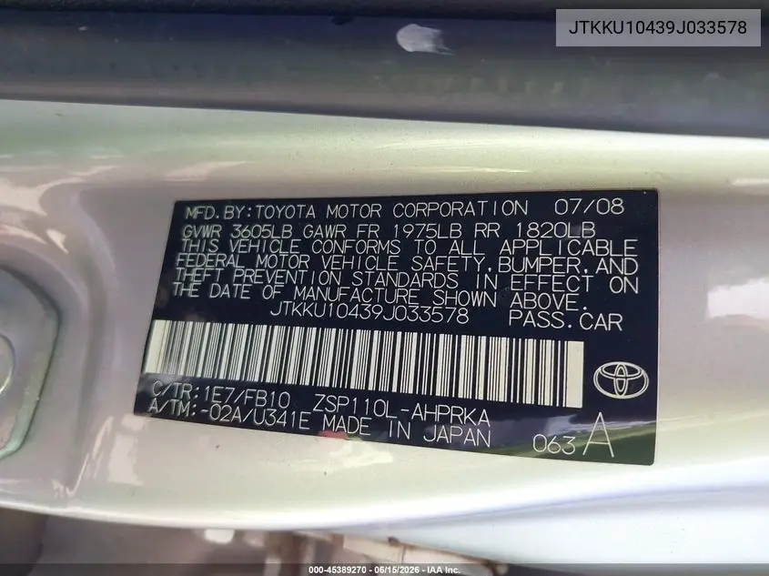 2009 Scion Xd VIN: JTKKU10439J033578 Lot: 45389270