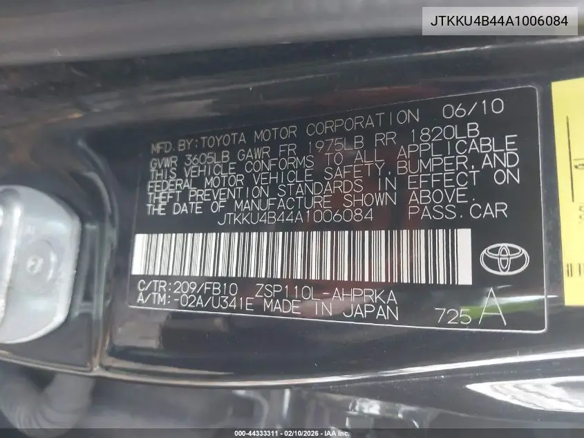 2010 Scion Xd VIN: JTKKU4B44A1006084 Lot: 44333311