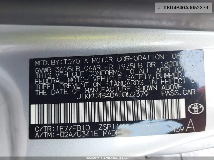 2010 Scion Xd VIN: JTKKU4B40AJ052379 Lot: 45602018