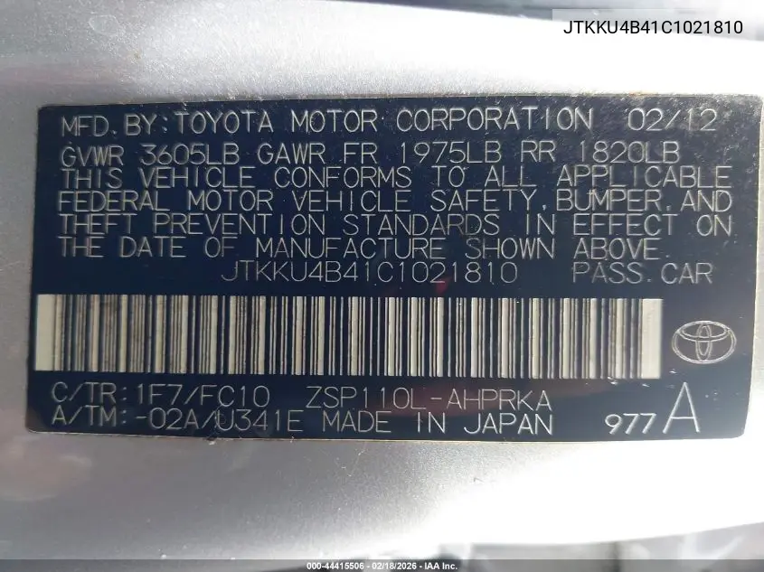 2012 Scion Xd Release Series 4.0 VIN: JTKKU4B41C1021810 Lot: 44415506