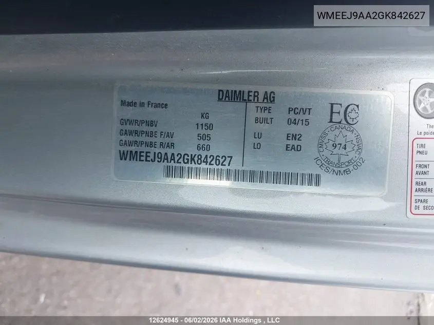 2016 Smart Fortwo Electric Drive Passion VIN: WMEEJ9AA2GK842627 Lot: 12624945