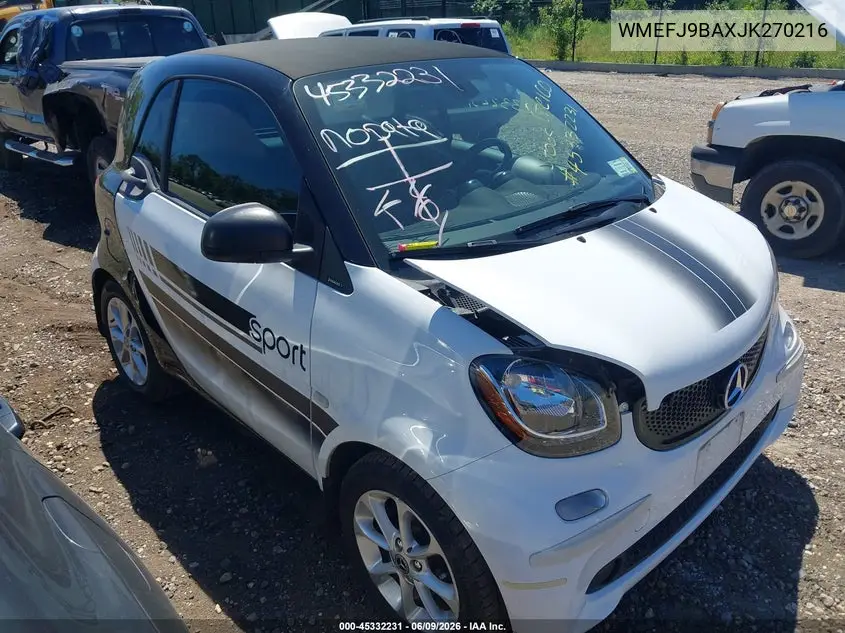 2018 Smart Fortwo Electric Drive Pure VIN: WMEFJ9BAXJK270216 Lot: 45332231