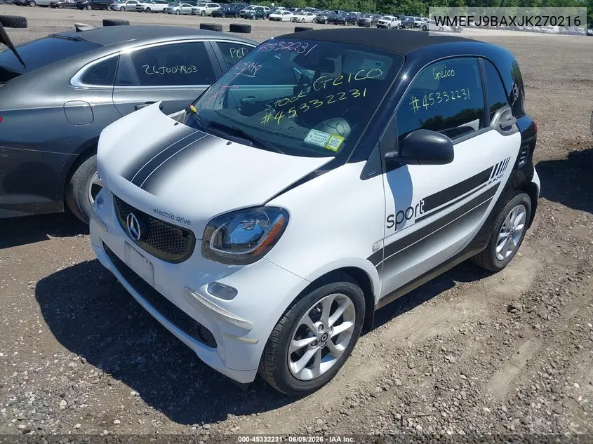 2018 Smart Fortwo Electric Drive Pure VIN: WMEFJ9BAXJK270216 Lot: 45332231