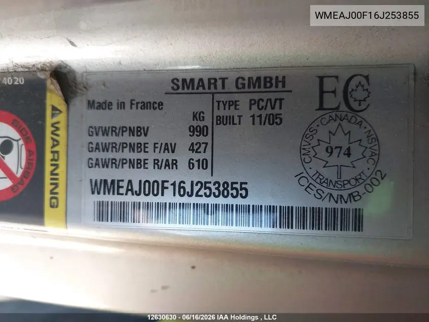 2006 Smart Fortwo Passion/Pulse/Pure VIN: WMEAJ00F16J253855 Lot: 12630630