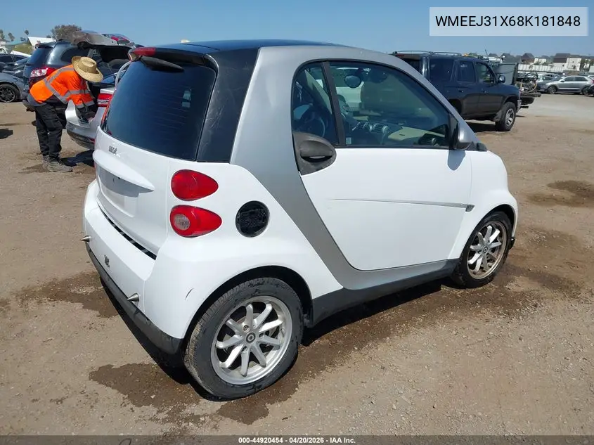 2008 Smart Fortwo Passion/Pure VIN: WMEEJ31X68K181848 Lot: 44920454