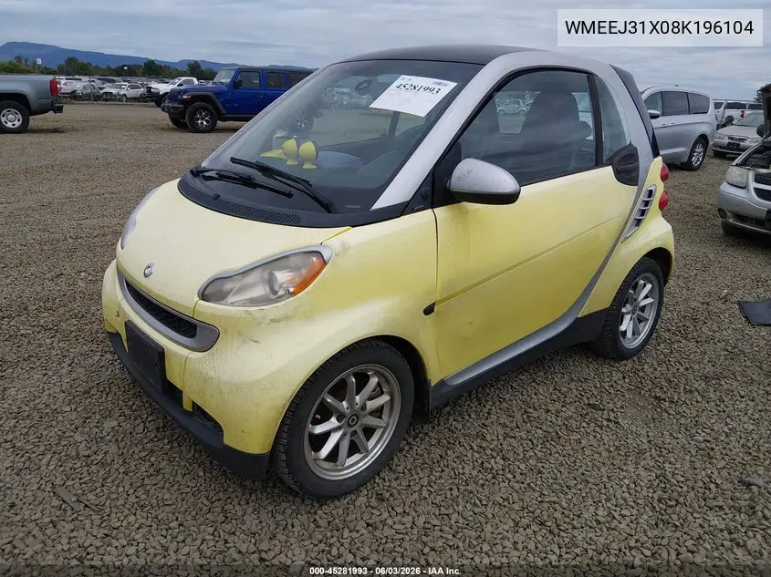 2008 Smart Fortwo Passion/Pure VIN: WMEEJ31X08K196104 Lot: 45281993