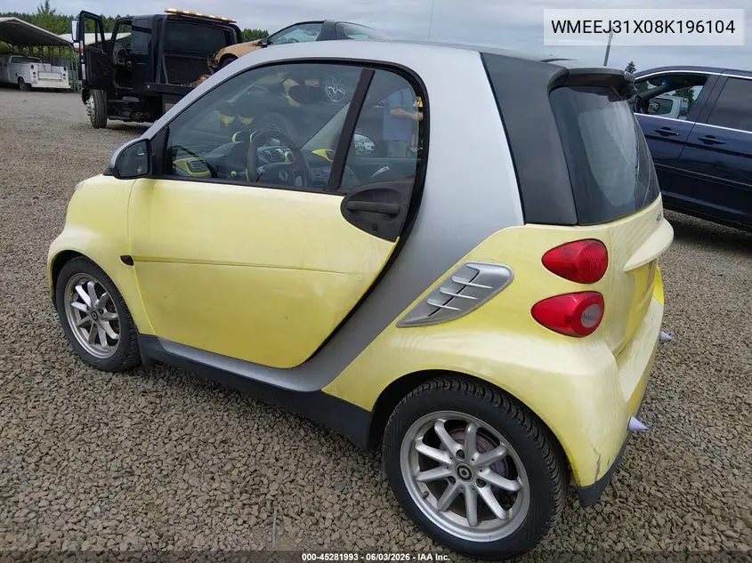 2008 Smart Fortwo Passion/Pure VIN: WMEEJ31X08K196104 Lot: 45281993