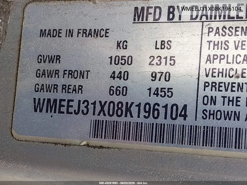 2008 Smart Fortwo Passion/Pure VIN: WMEEJ31X08K196104 Lot: 45281993