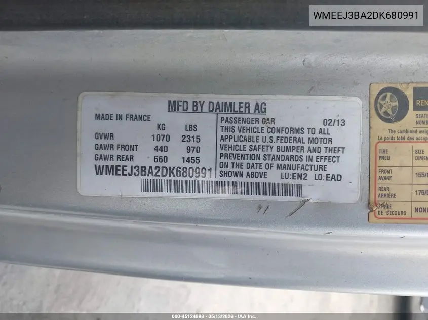 2013 Smart Fortwo Passion VIN: WMEEJ3BA2DK680991 Lot: 45124898