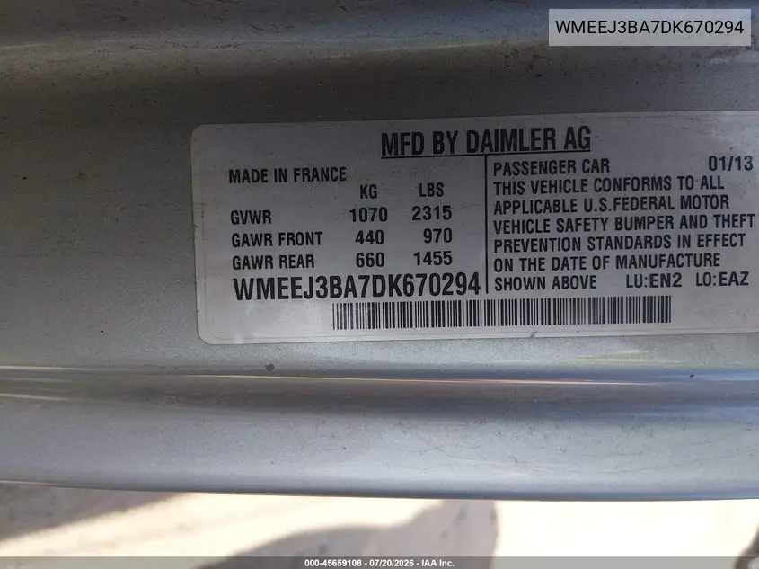 2013 Smart Fortwo Passion VIN: WMEEJ3BA7DK670294 Lot: 45659108