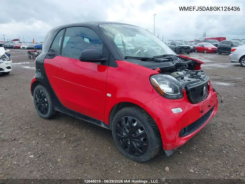 2016 Smart Fortwo Passion/Prime/Pure VIN: WMEFJ5DA8GK126436 Lot: 12645019X