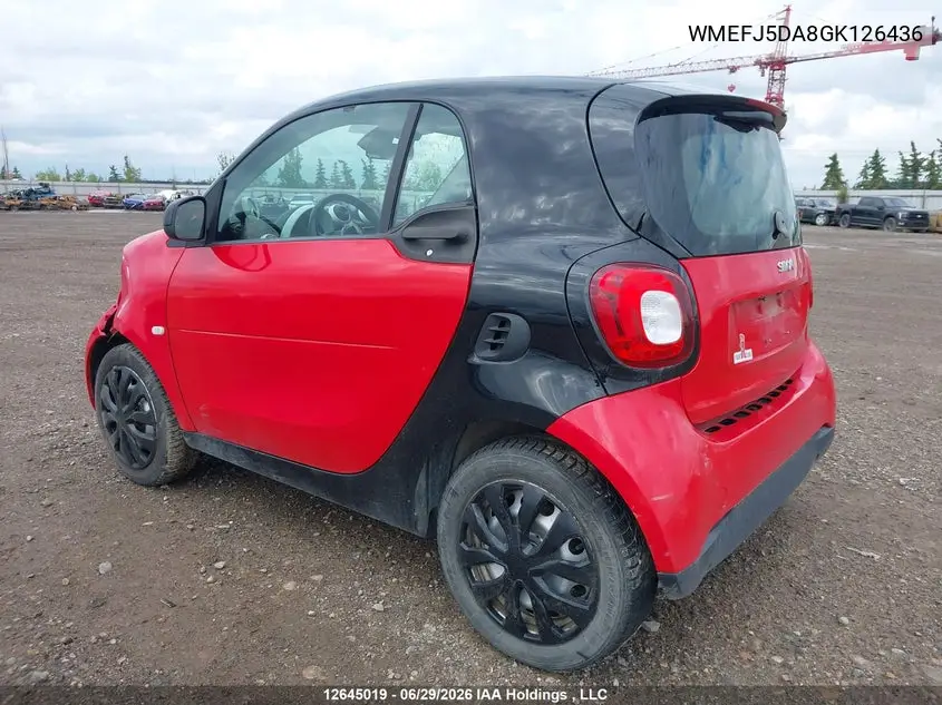2016 Smart Fortwo Passion/Prime/Pure VIN: WMEFJ5DA8GK126436 Lot: 12645019X