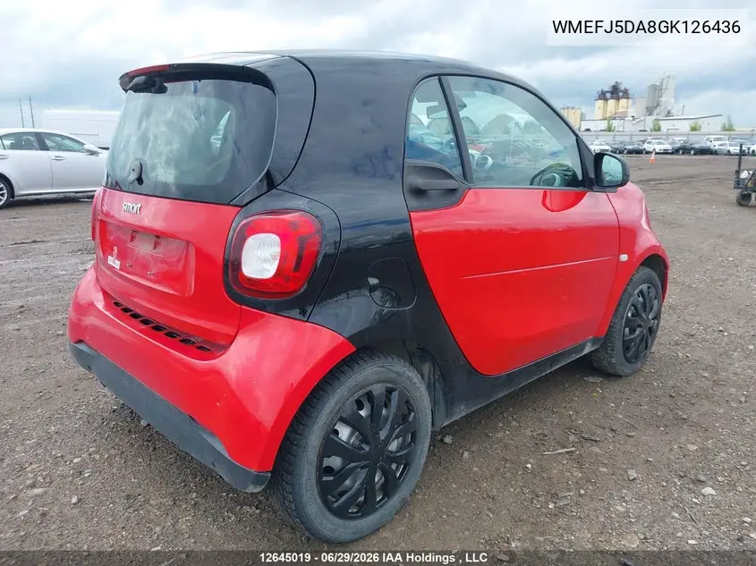 2016 Smart Fortwo Passion/Prime/Pure VIN: WMEFJ5DA8GK126436 Lot: 12645019X