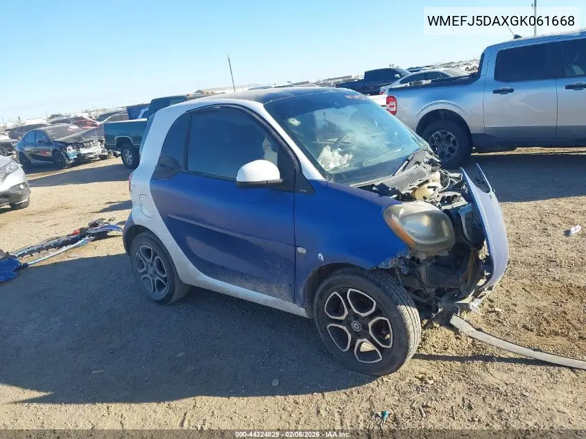 2016 Smart Fortwo Prime VIN: WMEFJ5DAXGK061668 Lot: 44324829