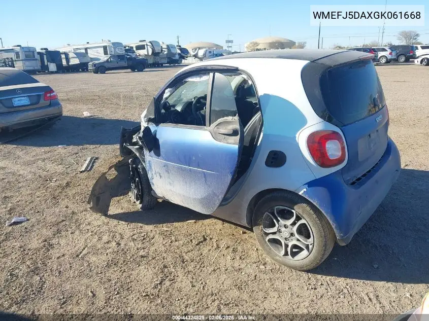 2016 Smart Fortwo Prime VIN: WMEFJ5DAXGK061668 Lot: 44324829