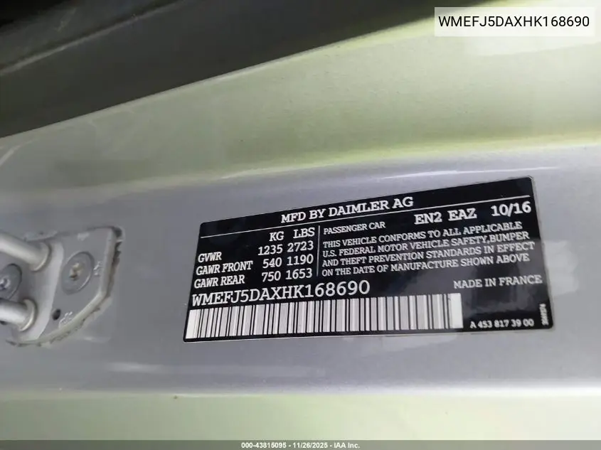WMEFJ5DAXHK168690 2017 Smart Fortwo Pure