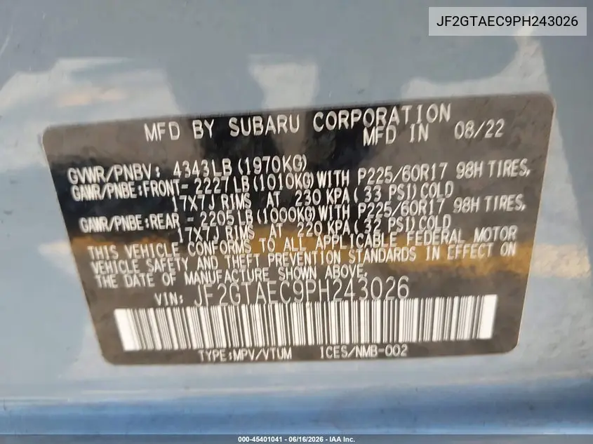 2023 Subaru Crosstrek Premium VIN: JF2GTAEC9PH243026 Lot: 45401041