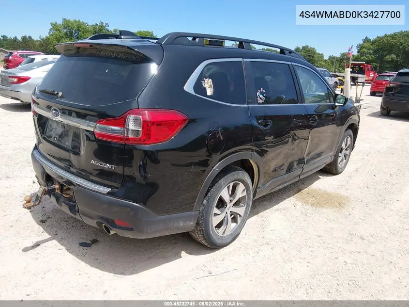 2019 Subaru Ascent Premium VIN: 4S4WMABD0K3427700 Lot: 45232745