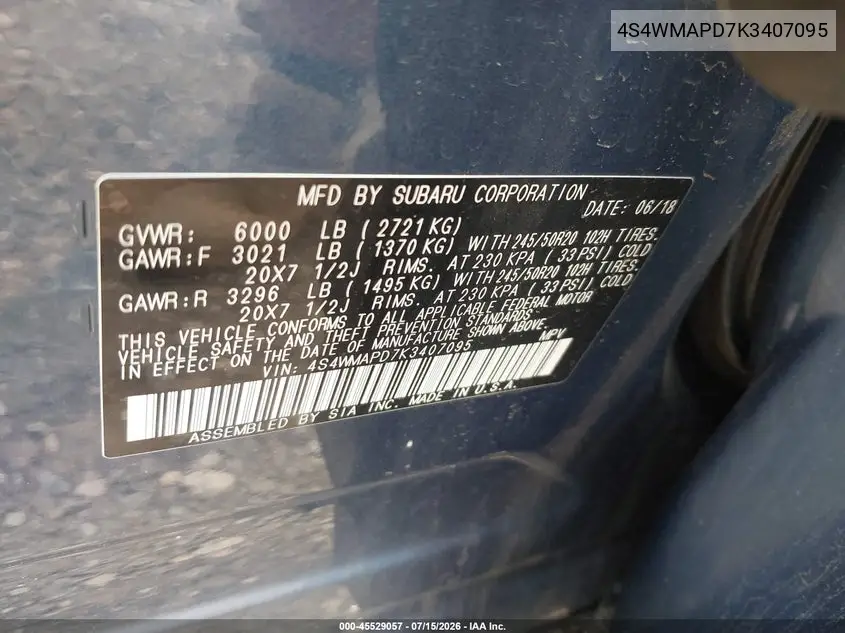 2019 Subaru Ascent Limited VIN: 4S4WMAPD7K3407095 Lot: 45529057
