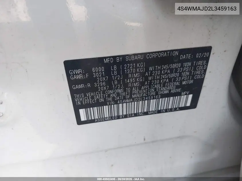 2020 Subaru Ascent Limited VIN: 4S4WMAJD2L3459163 Lot: 45502495