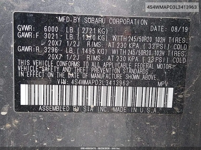 2020 Subaru Ascent Limited VIN: 4S4WMAPD3L3413963 Lot: 45503476