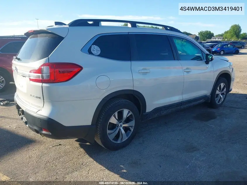 2021 Subaru Ascent Premium VIN: 4S4WMACD3M3419401 Lot: 45374155