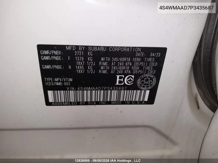 2023 Subaru Ascent VIN: 4S4WMAAD7P3435687 Lot: 12626888