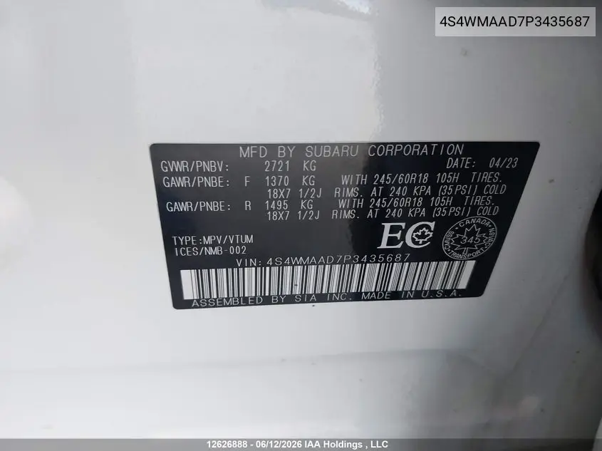 2023 Subaru Ascent VIN: 4S4WMAAD7P3435687 Lot: 12626888
