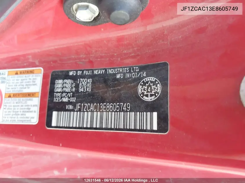 2014 Subaru Brz 2.0 Limited VIN: JF1ZCAC13E8605749 Lot: 12631546