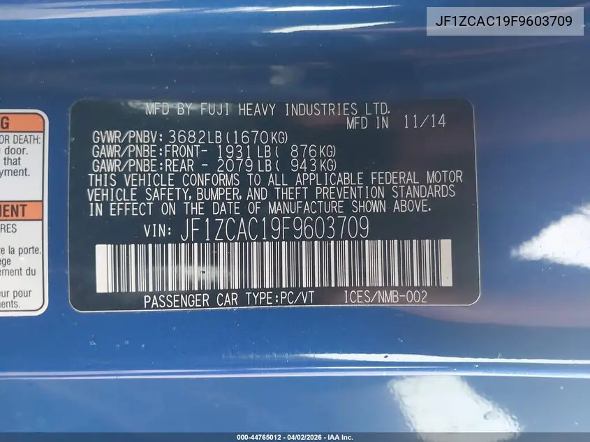 2015 Subaru Brz Limited VIN: JF1ZCAC19F9603709 Lot: 44765012