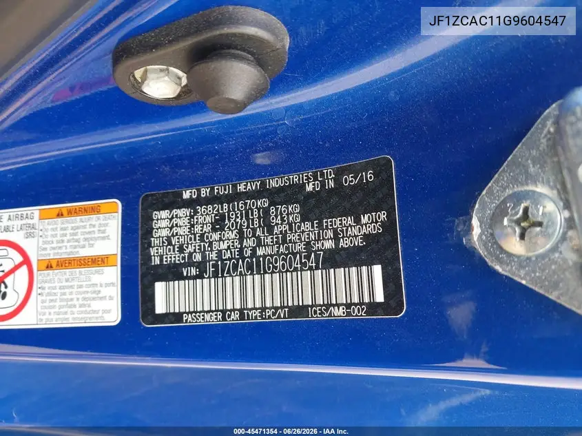 2016 Subaru Brz Limited VIN: JF1ZCAC11G9604547 Lot: 45471354