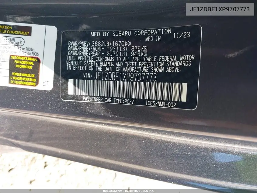 2023 Subaru Brz Limited VIN: JF1ZDBE1XP9707773 Lot: 45555721