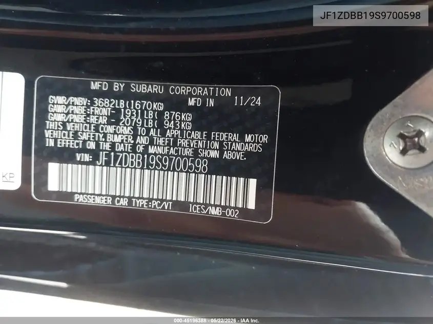 2025 Subaru Brz Premium VIN: JF1ZDBB19S9700598 Lot: 45196388