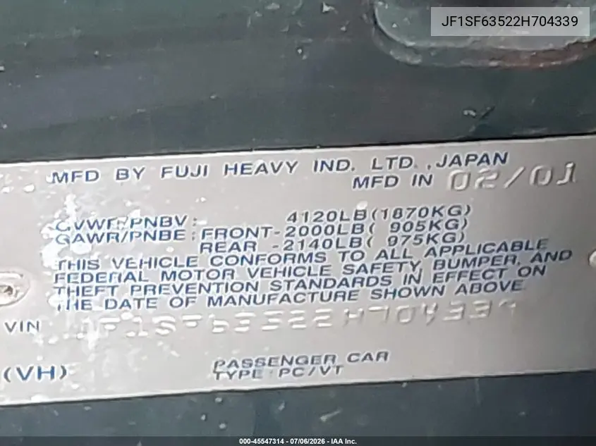 2002 Subaru Forester L VIN: JF1SF63522H704339 Lot: 45547314