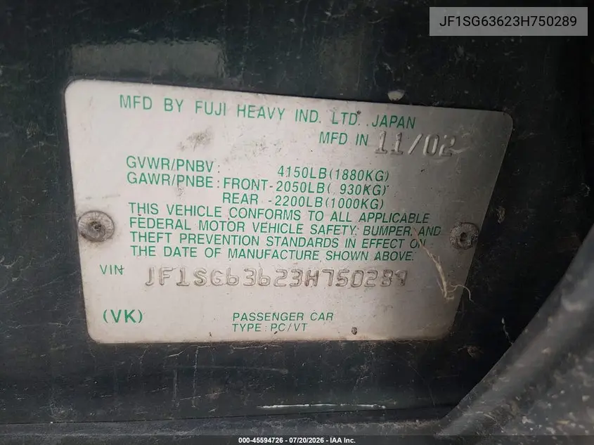2003 Subaru Forester X VIN: JF1SG63623H750289 Lot: 45594726